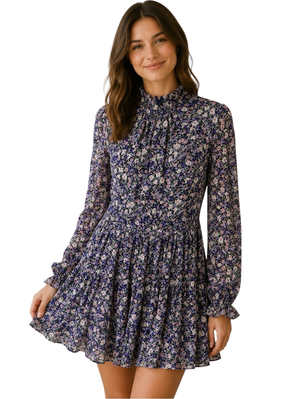 Apricot Floral Long-Sleeve Ruffle Tiered Mini Dress Size US 4